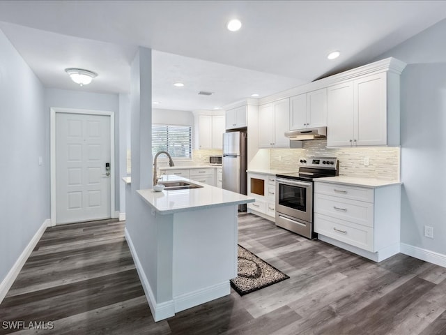 kitchen with sink, dark hardwood / wood-style floors, tasteful backsplash, white cabinetry, and stainless steel appliances