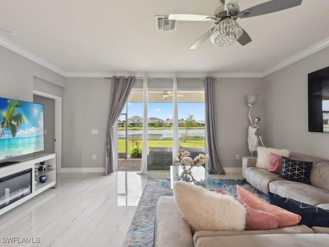 living room with ceiling fan and crown molding