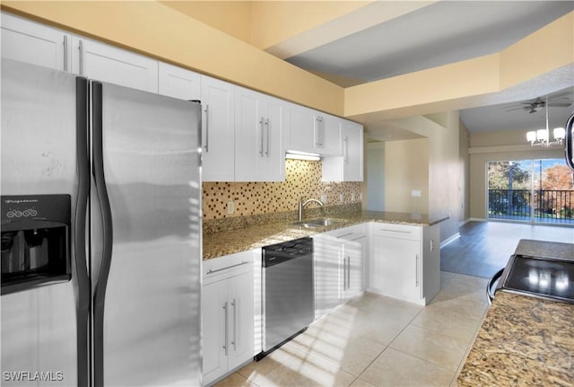 kitchen featuring stainless steel appliances, a peninsula, a sink, white cabinets, and decorative backsplash