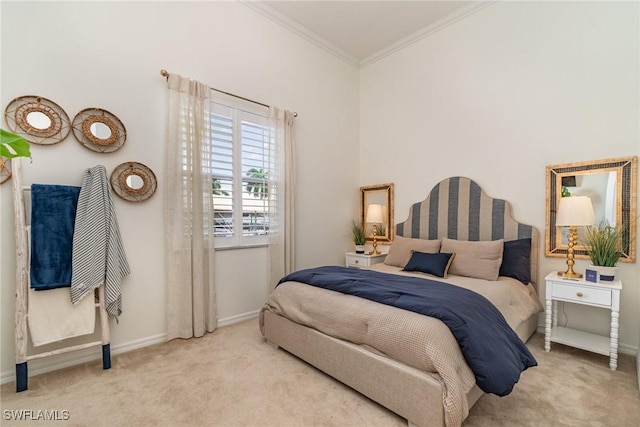 carpeted bedroom with crown molding and baseboards