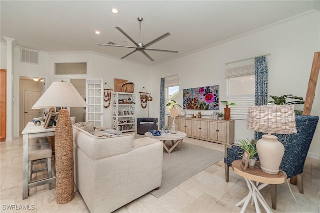 living area with ceiling fan, visible vents, crown molding, and recessed lighting