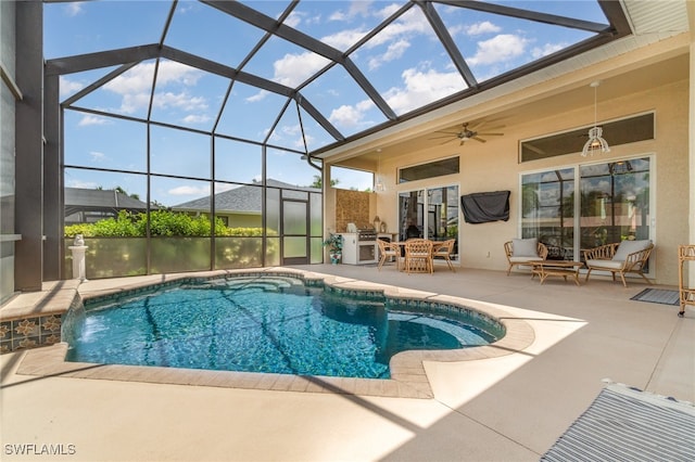 outdoor pool with glass enclosure, a grill, a ceiling fan, and a patio