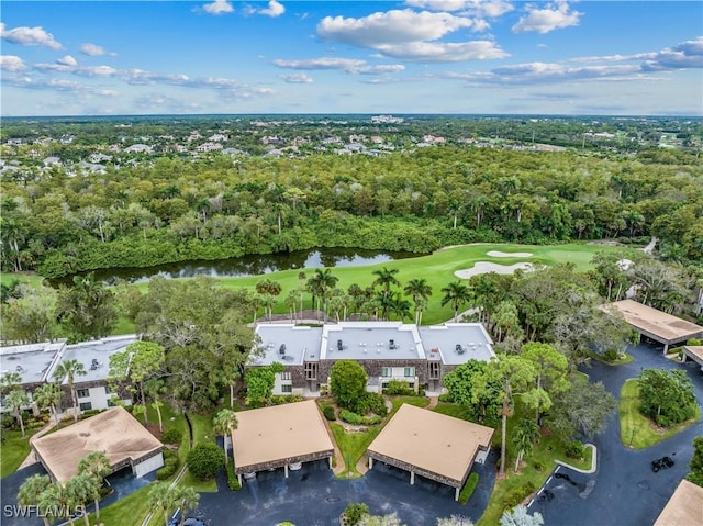 bird's eye view featuring a water view and golf course view