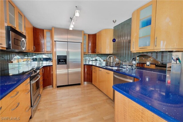 kitchen featuring sink, stainless steel appliances, light hardwood / wood-style flooring, and decorative backsplash