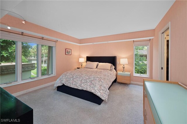 bedroom with light carpet