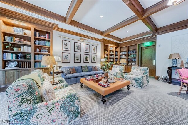 living room featuring beam ceiling, carpet, coffered ceiling, and built in features