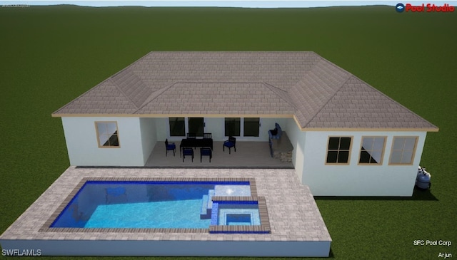 view of swimming pool with a lawn and a patio