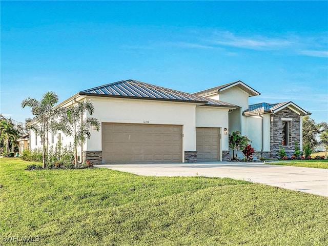 single story home featuring a garage and a front lawn