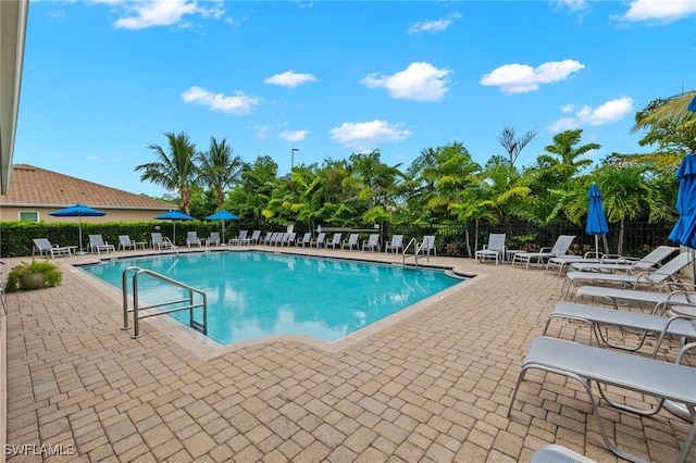 pool with fence and a patio