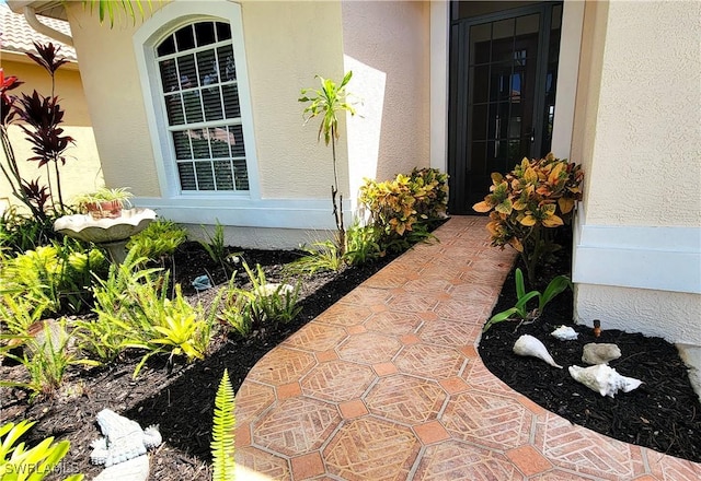 property entrance featuring stucco siding