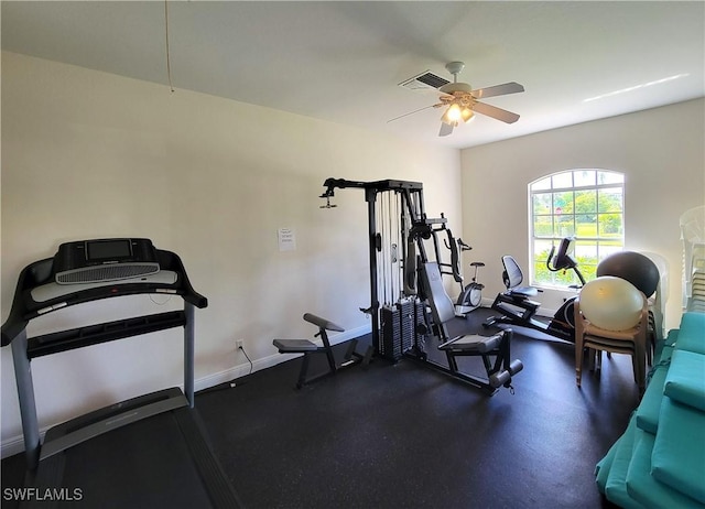 exercise area featuring baseboards, visible vents, and a ceiling fan