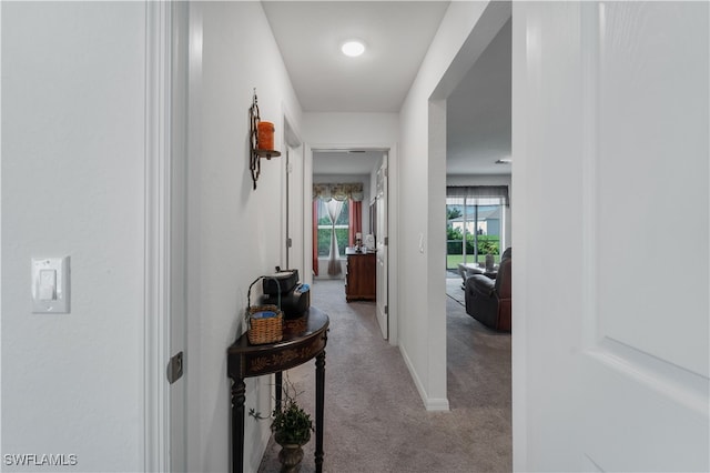 hallway featuring light carpet