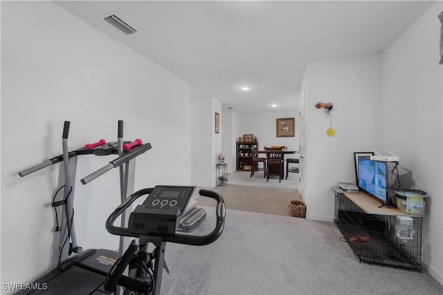 workout area featuring light carpet