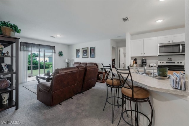 carpeted living room featuring sink