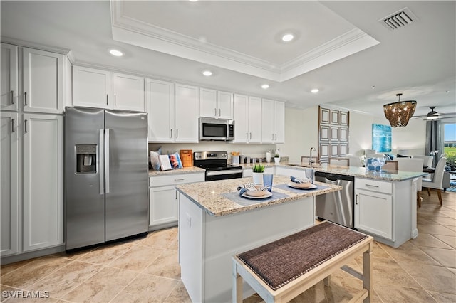 kitchen with appliances with stainless steel finishes, a tray ceiling, a kitchen island, and light stone counters