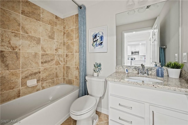 full bath with toilet, shower / bathtub combination with curtain, vanity, and tile patterned floors