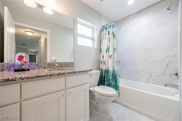 full bathroom with shower / bath combo with shower curtain, vanity, and toilet