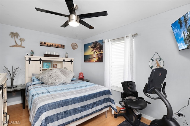 bedroom with light hardwood / wood-style floors and ceiling fan