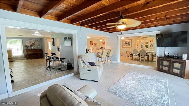 tiled living room with beam ceiling, wooden ceiling, and ceiling fan