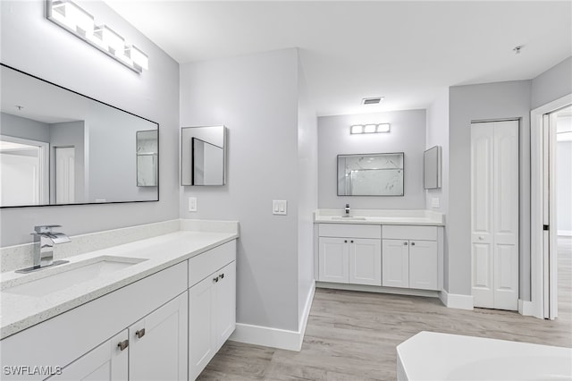 bathroom with vanity and hardwood / wood-style flooring