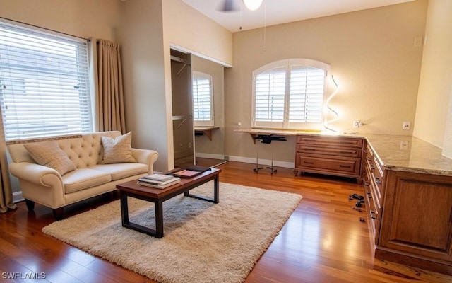 living room with hardwood / wood-style floors and ceiling fan