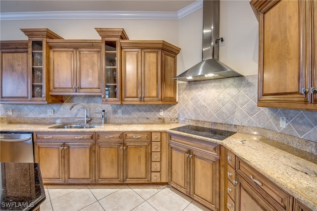 kitchen featuring sink, wall chimney exhaust hood, black electric stovetop, decorative backsplash, and stainless steel dishwasher