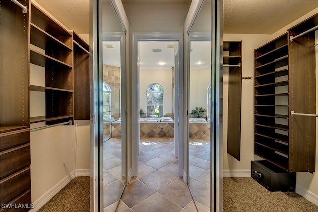 walk in closet featuring beverage cooler, light colored carpet, and light tile patterned floors