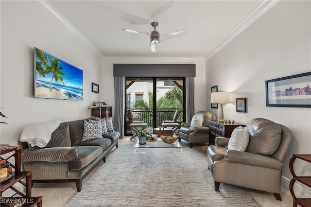 living room featuring a ceiling fan, crown molding, baseboards, and tile patterned floors