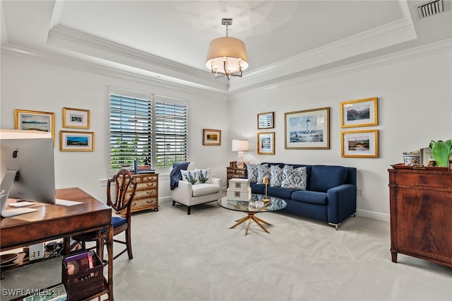 home office featuring a raised ceiling, light carpet, crown molding, and visible vents