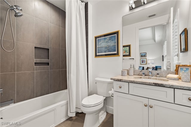 full bathroom with tile patterned flooring, toilet, vanity, visible vents, and shower / bath combination with curtain