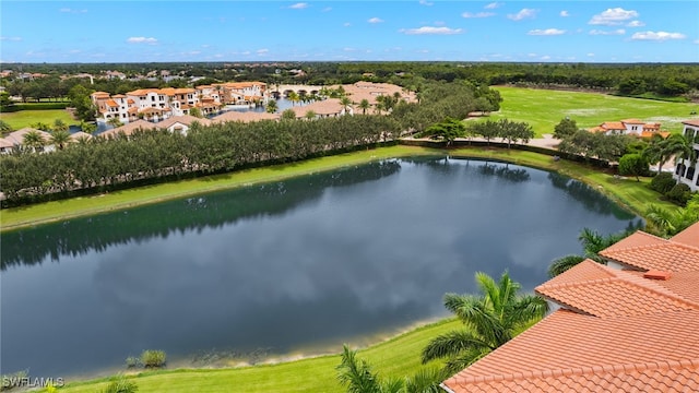 birds eye view of property featuring a residential view and a water view