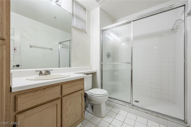 full bathroom with toilet, a shower stall, vanity, and tile patterned floors