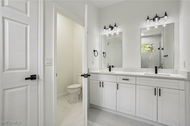 bathroom featuring tile patterned floors, double vanity, and toilet