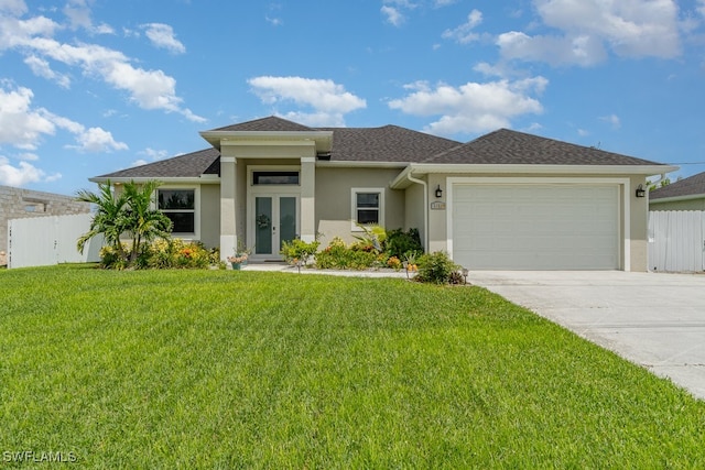 prairie-style house with a front lawn and a garage