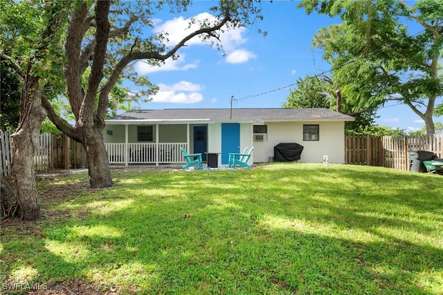 back of property featuring a lawn, a fenced backyard, and stucco siding