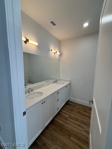 bathroom with hardwood / wood-style flooring and vanity