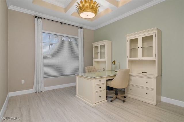 office with built in desk, coffered ceiling, light hardwood / wood-style flooring, and ornamental molding