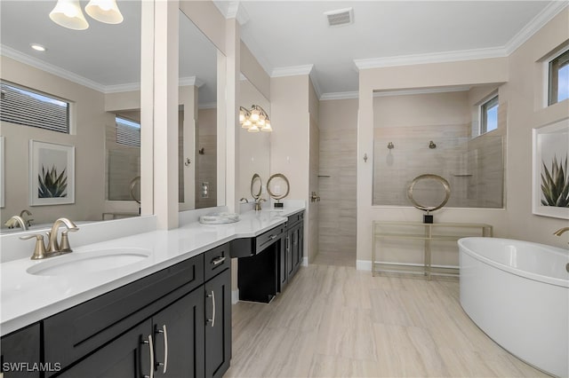 bathroom featuring plus walk in shower, vanity, and ornamental molding