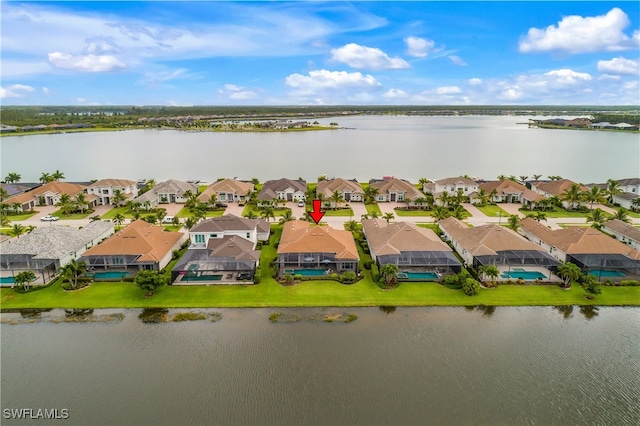 bird's eye view with a water view