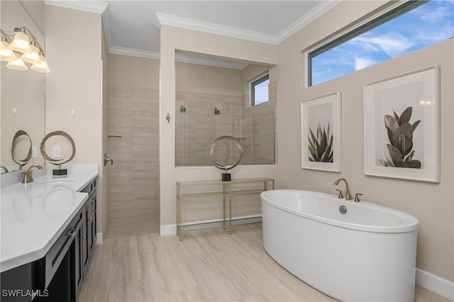 bathroom with crown molding, shower with separate bathtub, and vanity