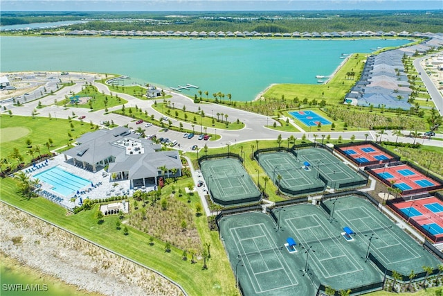 drone / aerial view with a water view