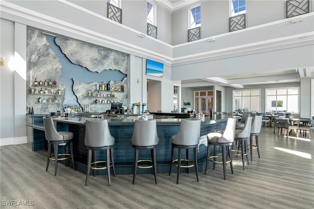 bar with a high ceiling and hardwood / wood-style flooring