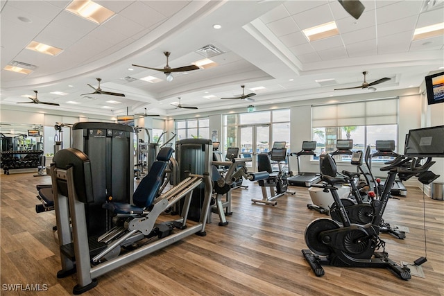 workout area featuring ceiling fan and wood-type flooring