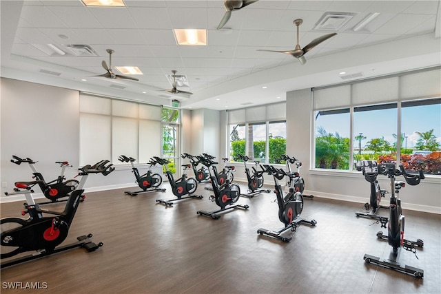 workout area featuring a paneled ceiling, ceiling fan, and wood-type flooring