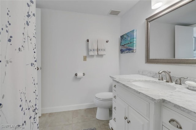 full bath featuring tile patterned flooring, visible vents, baseboards, toilet, and vanity