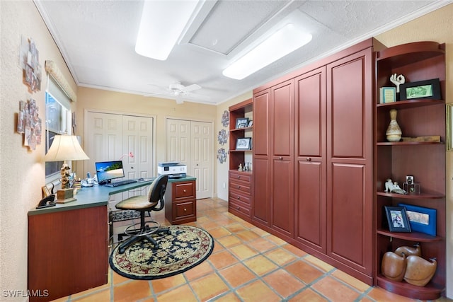 office area featuring a textured ceiling, ceiling fan, light tile patterned floors, and crown molding