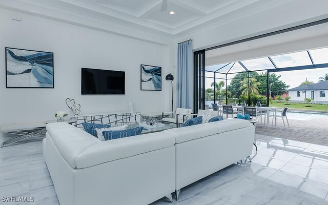 living room featuring beam ceiling and coffered ceiling