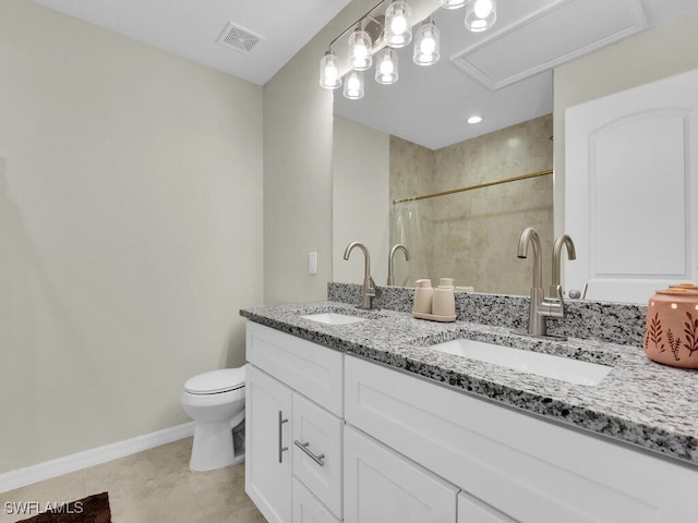 bathroom with tile patterned flooring, toilet, a shower with shower curtain, and vanity