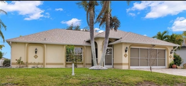 view of front of house featuring a front yard and a garage