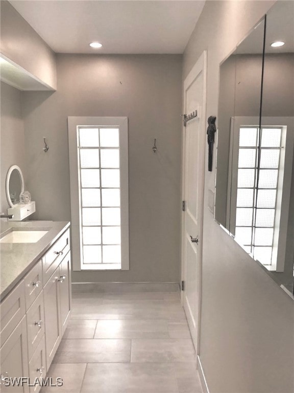 bathroom featuring plenty of natural light, vanity, and wood-type flooring